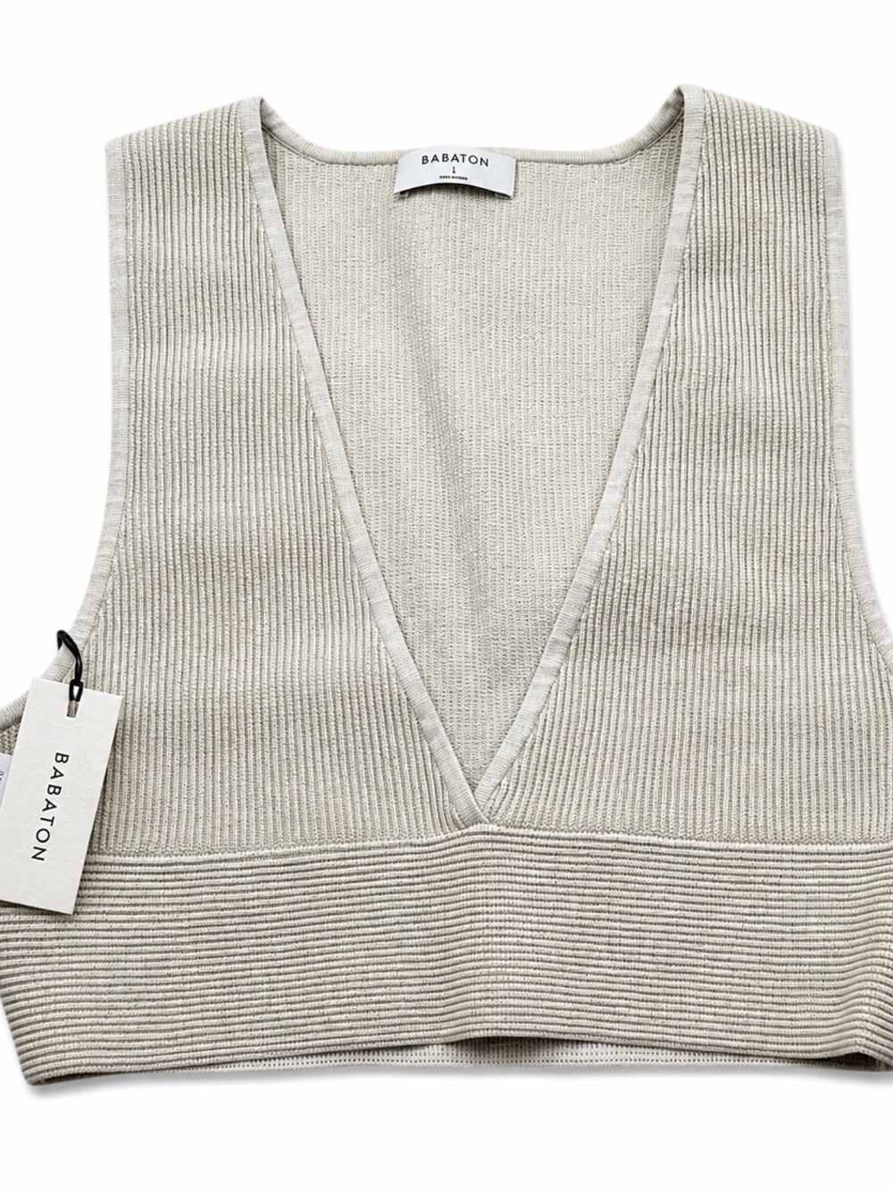 Babaton Sculpt Knit Deep V Tank Womens L Matte Pearl Ribbed Crop Top Aritzia NWT